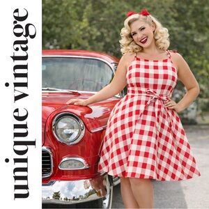 Unique Vintage Orchid Bloom Red & White Plaid Swing Dress, 1x, NWT!